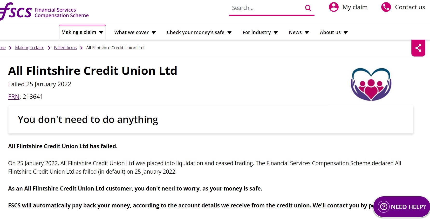 The FSCS expects the total compensation for All Flintshire Credit Union to be around £2.25m.