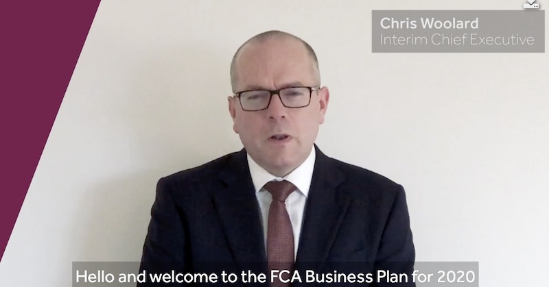 FCA interim CEO Christopher Woolard announcing the new business plan in a video