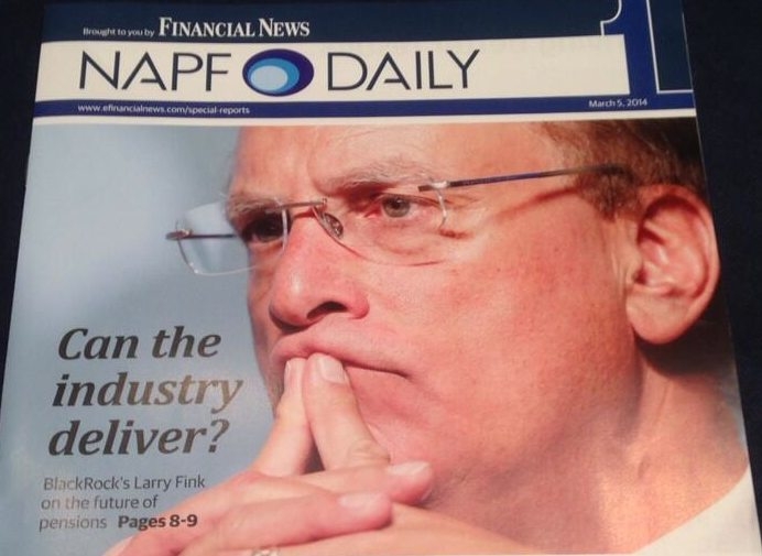 The NAPF's magazine front cover featuring BlackRock chief exec Larry Fink