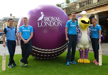 Royal London's mascot Gilbert the pelican with England players Ben Stokes and Stuart Broad