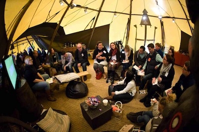 Inside the tent at the national Powwow