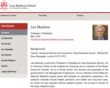 Professor Les Mayhew&#039;s profile on Cass website